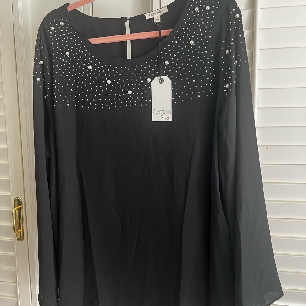 Cotton Bleu Black Pearl/Crystal Accents Women's Blouse